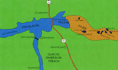 Schematic map showing a portion of the route of the preglacial McLean River